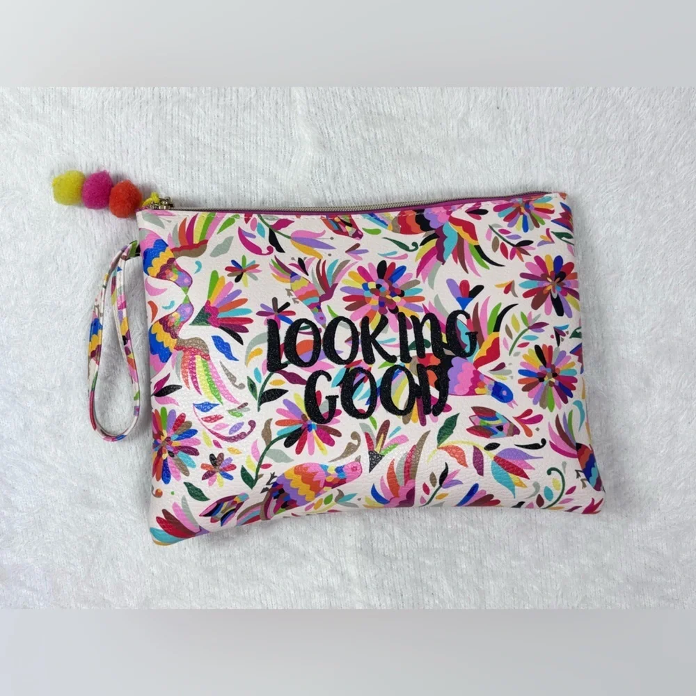 Vibrant Pink and Red Floral Cosmetic Bag with Playful Pom-Pom 🪷